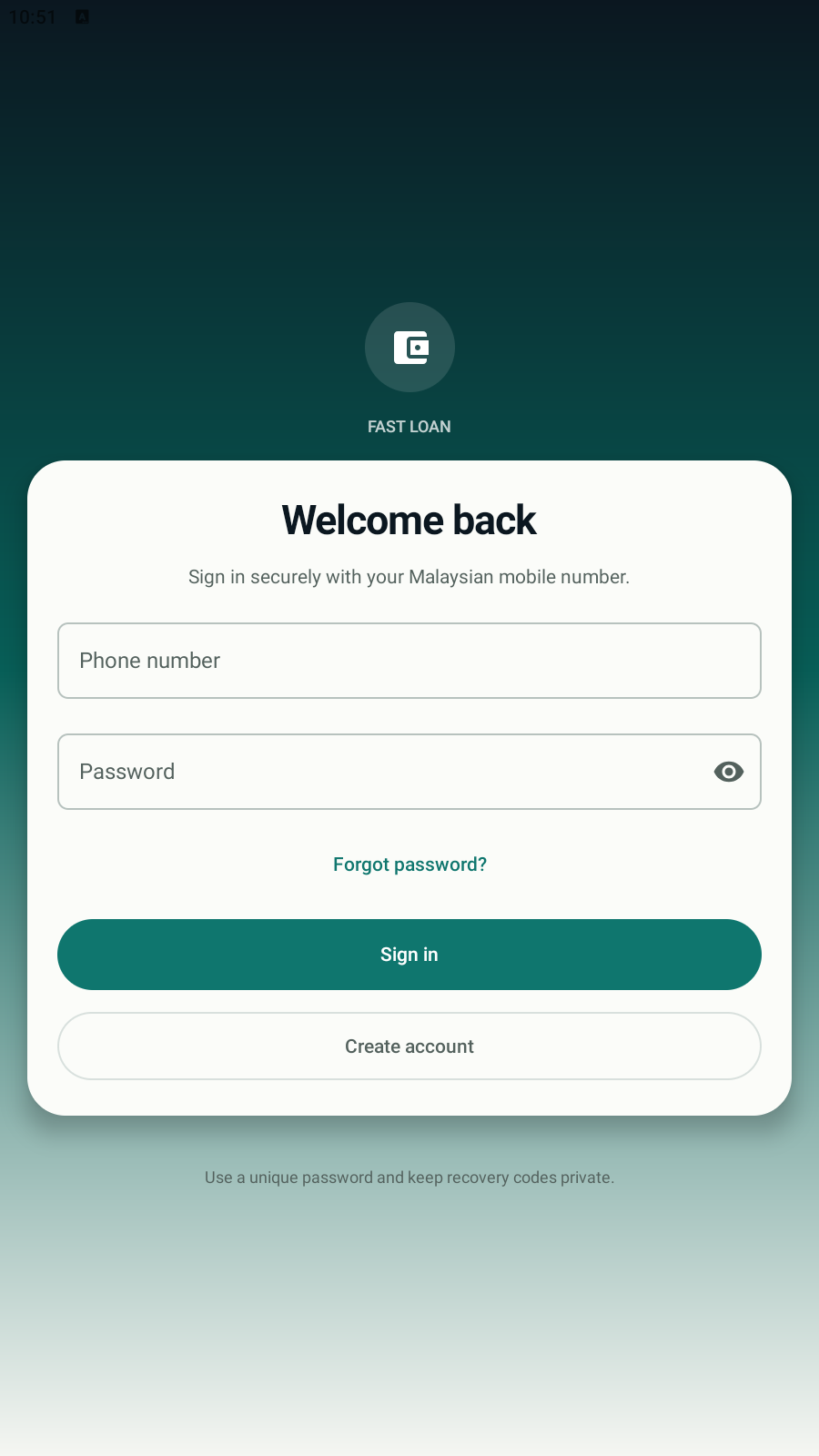 Fast Loan MY sign-in screen showing phone number and password fields